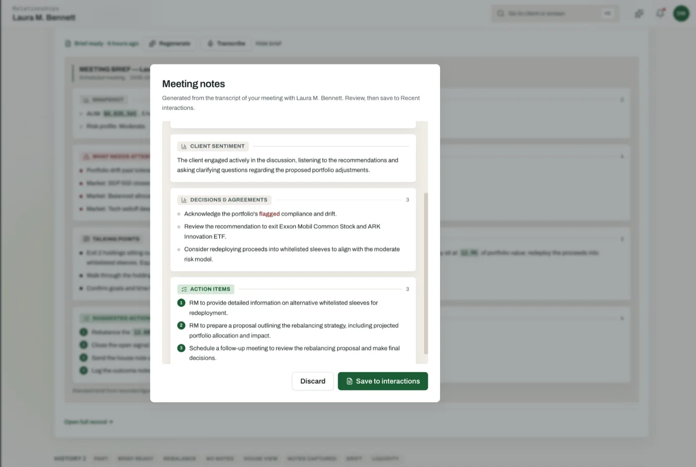 The actions as the advisor sent them, listed for review alongside the evidence each was based on.